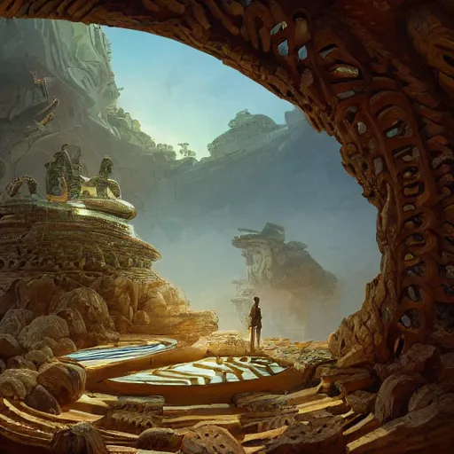 Prompt: a gigantic paleolothic torus made of stone with highly detailed carvings of intricate shamanic robotic electronics and circuitry, in a mediterranean lanscape, inside a valley overlooking the sea, in the style of andreas rocha