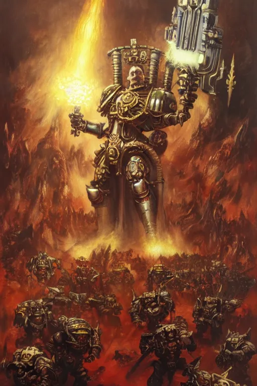 Image similar to warhammer 4 0 k steve buscemi god emperor, character design, painting by gaston bussiere, katsuya terada, frank frazetta, tom of finland, trending on artstation