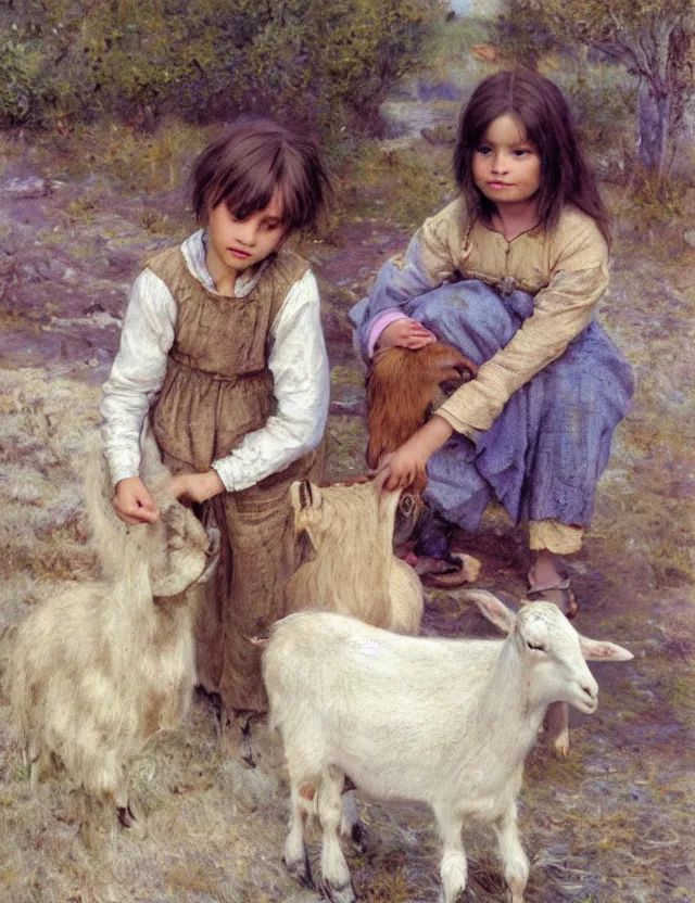 Prompt: portrait of little peasant girl petting a goat, cottage core, polaroid photo bleached vintage pastel colors high - key lighting, soft lights, foggy, by steve hanks, by lisa yuskavage, by serov valentin, by tarkovsky, 8 k render, detailed, oil on canvas