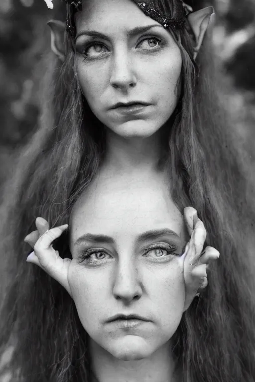 Image similar to a portrait of a magical female elf looking to the camera with the rune of nature in her forehead, graflex, 5 0 mm