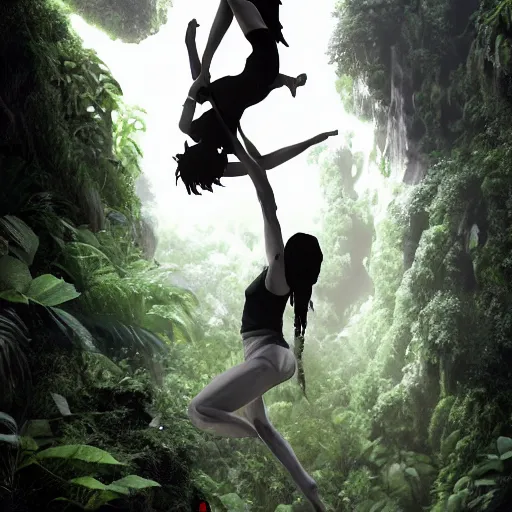 Image similar to rpg character concept art, two people doing acroyoga in a jungle, in the style of jamie hewlett hiroya oku riyoko ikeda, 3 d render, artstation trending, 8 k, octane render, photorealistic, sharp detail, manga, black and white