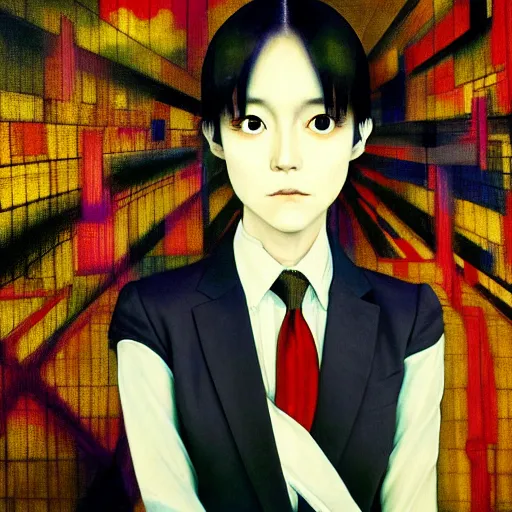 Image similar to yoshitaka amano blurred and dreamy realistic three quarter angle portrait of a young woman with short hair and black eyes wearing office suit with tie, junji ito abstract patterns in the background, satoshi kon anime, noisy film grain effect, highly detailed, renaissance oil painting, weird portrait angle, blurred lost edges