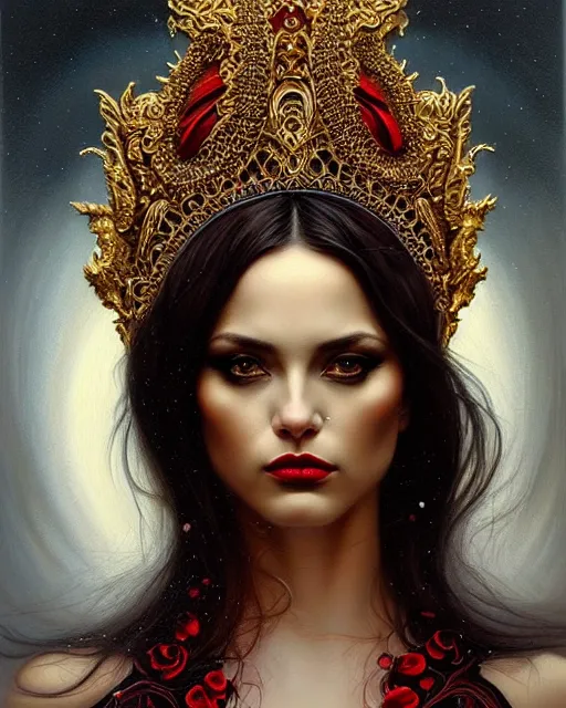 Image similar to portrait of a beautiful goddess, enigmatic beauty, dominant shades of black, gold silver, dark red, white, head in focus, ornamental aesthetics, intricate, elegant, highly detailed, hyperrealistiic painting, artstation, concept art, painterly, sharp focus, illustration, art by karol bak