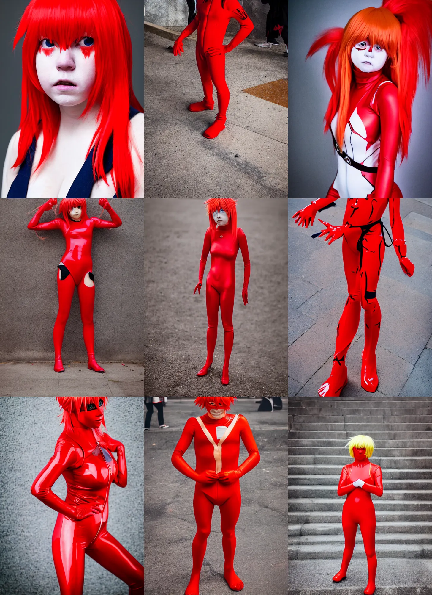 Prompt: boris johnson cosplaying as asuka langley, red body suit, anime convention, portrait photography, high quality, detailed, sigma 8 5 mm
