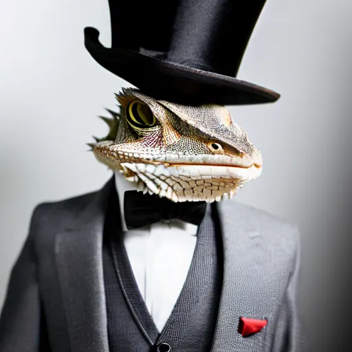 Image similar to dslr portrait still of a bearded dragon wearing a top hat and bow tie, 8 k 8 5 mm f 1. 4