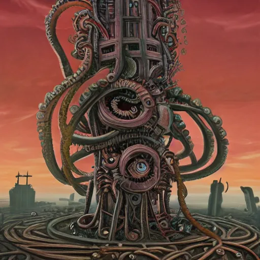 Image similar to lovecraftian biomechanical machine-tower with fleshy tendrils and eyeball at top overlooking dystopian wasteland, highly detailed, colorful with red hues