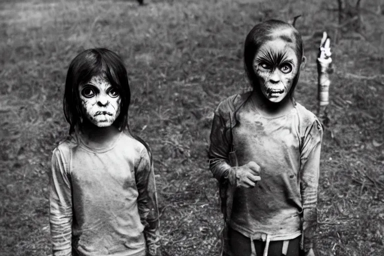 Image similar to evil kids with black alien eyes, creepy, demonic