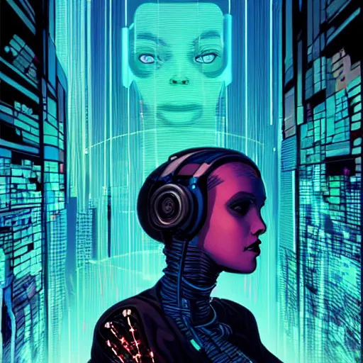 Image similar to a portrait of a beautiful cybernetic woman connected to a synthesizer from hell, wires, cyberpunk concept art by josan gonzales and enki bilal