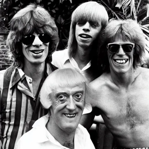 Prompt: jimmy savile on holiday with mick jagger and david bowie