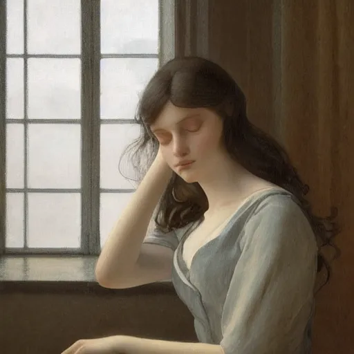 Image similar to A dreamy sleepy young woman with long dark hair, portrait art by caspar david friedrich and balthus, highly detailed, oil painting, concept art, illustration, dim lighting with twilight rays of sunlight coming through the window with closed shutters, trending on artstation, very detailed, smooth, sharp focus, octane render