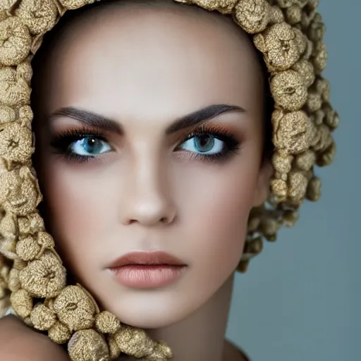 Prompt: close up of face of female fashion model, baroque style, beige colors, highly detailed