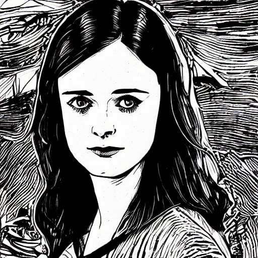 Prompt: portrait of young alexis bledel, line art, engraving illustration, woodcut illustration