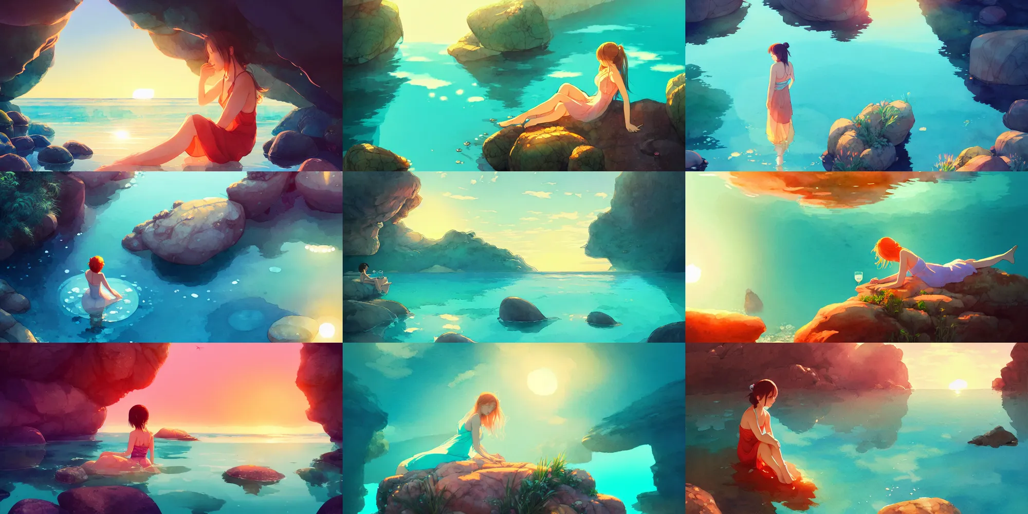 Prompt: one woman relaxing in clear aqua water wearing sundress, rocks, stones, plants, digital art, illustration, vibrant watercolor, wenjun lin, studio ghibli, pixiv, sunset lighting, reflections, refractions, high camera angle, wide shot, film grain