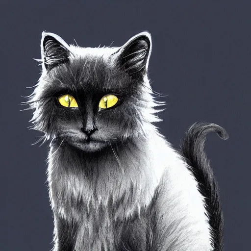 Image similar to beautiful dark grey cat with white belly, white paws and white face markings with long fur and fluffy tail sitting, intricate, elegant, highly detailed, digital painting, artstation, concept art, matte,
