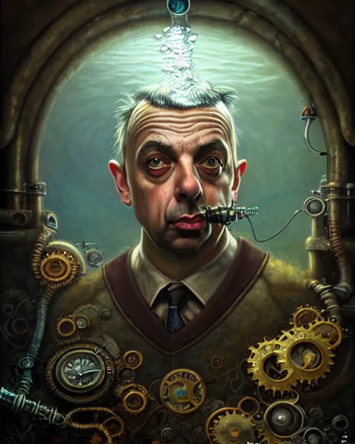 Image similar to underwater steampunk portrait of rowan sebastian atkinson, by tomasz alen kopera and peter mohrbacher