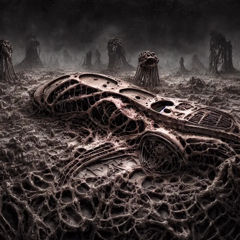 Prompt: ribbed abandoned biomechanical organic crashed car wreck on exoplanet at night, in a desolate empty wasteland, covered with organic flesh, meat, creepy, nightmare, dream-like heavy atmosphere, surreal abandoned buildings, baroque painting, beautiful detailed intricate insanely detailed octane render trending on Artstation, 8K artistic photography, photorealistic, chiaroscuro, cinematic volumetric light, Raphael, Caravaggio, Beksinski, Giger