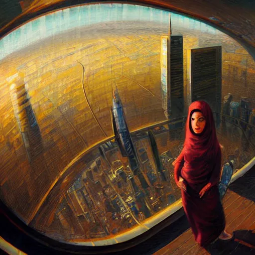 Image similar to detailed face of an arabic woman, tectonic cityscape, skydome, reactor, utopian, wet reflections, prism, atmospheric, ambient, pj crook, syd mead, livia prima, artgerm, greg rutkowski, nick alm, casey baugh