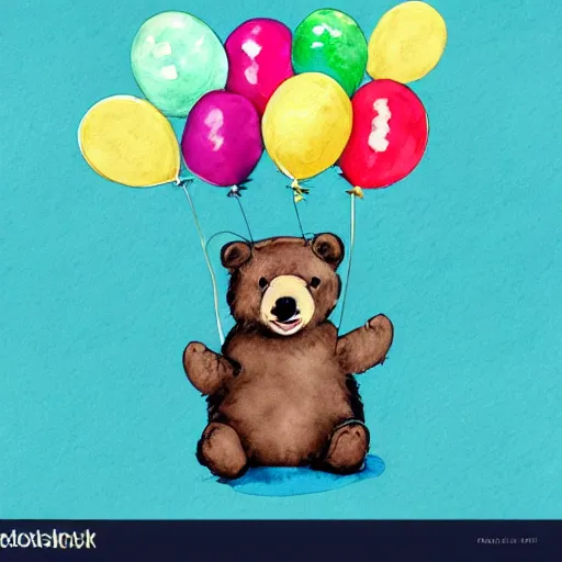 Image similar to watercolor cute animated bear holding birthday balloons, white background,