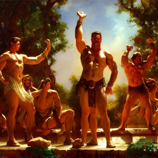 Image similar to hercules performs the ymca dance at a toga party matte painting gaston bussiere, craig mullins, j. c. leyendecker