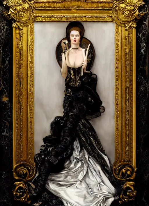 Image similar to highly detailed oil painting | very intricate | cinematic lighting | black, white and gold color scheme, dark background | decorative seamless pattern by alexander mcqueen | by roberto ferri, by gustav moreau, by singer sargent and klimt, american romanticism, occult art | by austin osman spare, artstation, cgsociety, official art, octane