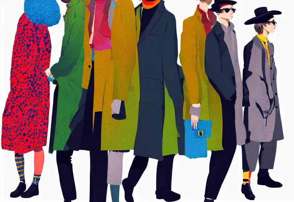 Image similar to full body portrait of a trio of young fashionable european tourists long pattern coat travel apparel, with nikon cameras, various poses shooting photos, character designs painting, in the style of wes anderson, rene magritte, lola dupre, david hockney, isolated on white background, dark monochrome neon spraypaint accents volumetric octane render