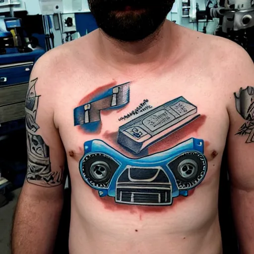 Prompt: chest tattoo of a inspection flap in the skin with a shiny blue meatallic robot mechanic inside under the skin, insanely integrate,