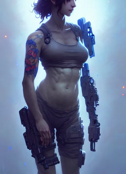 Image similar to girl covered with tattoos wearing tactical gear, intricate lights, bio luminescent, plasma, by ruan jia and artgerm and range murata and wlop and ross tran and william - adolphe bouguereau and beeple. key art. fantasy illustration. award winning, artstation, intricate details, realistic, hyperdetailed, 8 k resolution.