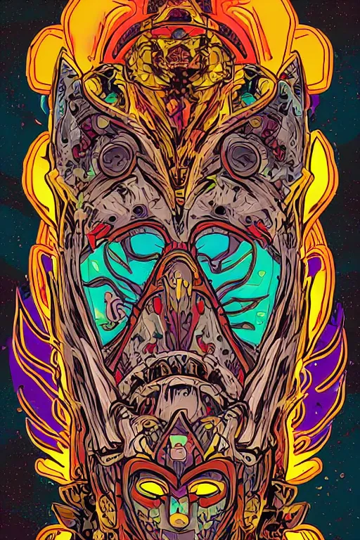 Image similar to animal mask totem roots flower tribal feather gemstone plant wood rock shaman vodoo video game vector cutout illustration vivid multicolor borderlands comics by josan gonzales and dan mumford radiating a glowing aura