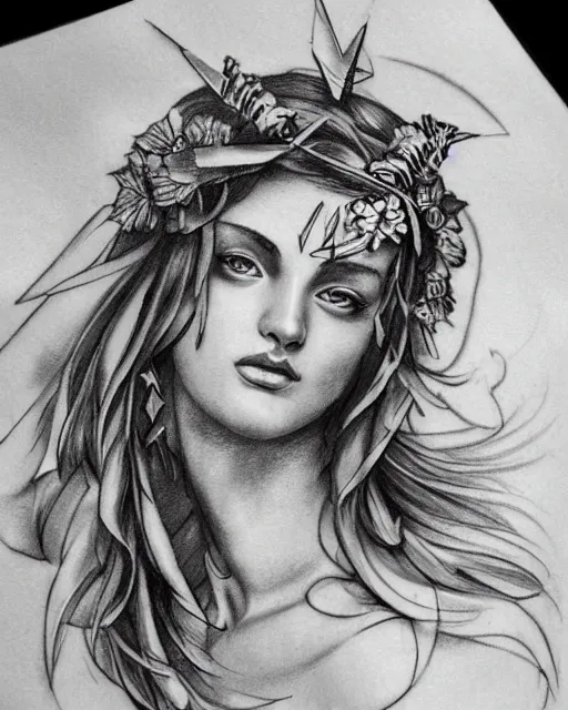 Prompt: realism tattoo sketch of beautiful aphrodite greek goddess wearing a laurel wreath and arrowhead earrings, beautiful piercing eyes with small pupils, sexy look, beautiful blonde hair, in the style of matteo pasqualin, amazing detail, fantasy, elegant, smooth, sharp, 8 k resolution