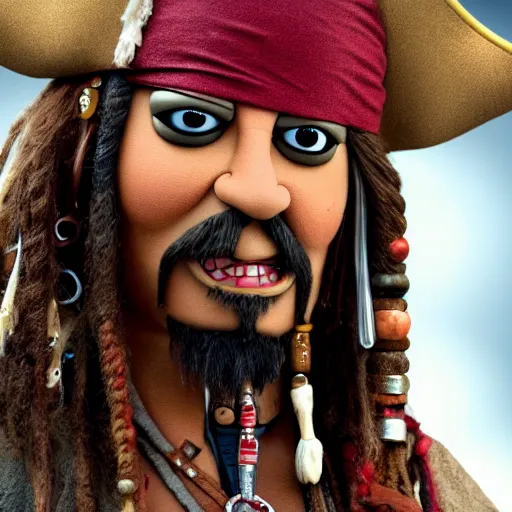 Image similar to A still of Jack Sparrow as a muppet, 4k, photograph, artstation, trending, award winning, epic lighting, featured