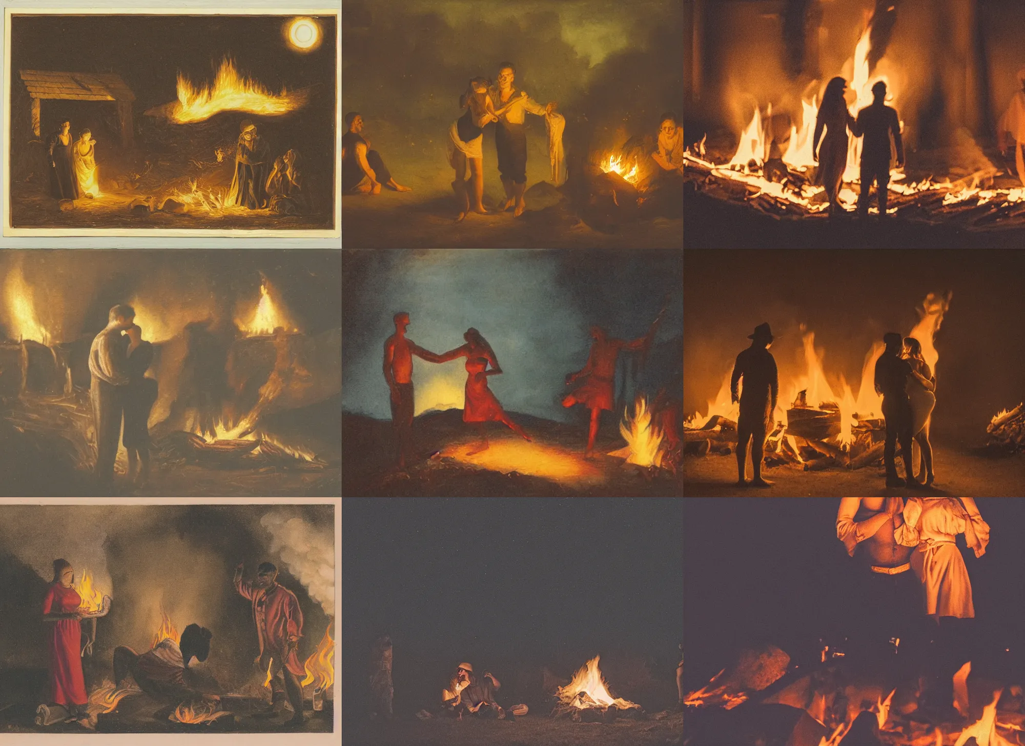 Prompt: man and woman around them fire, night scene