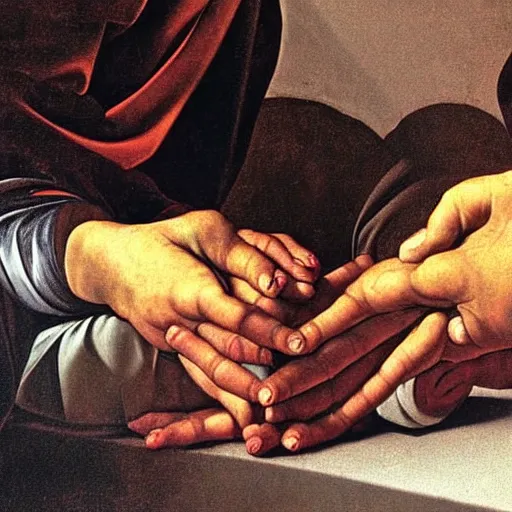 Image similar to closeup of hands in prayer, chiaroscuro caravaggio style, oil painting, renaissance