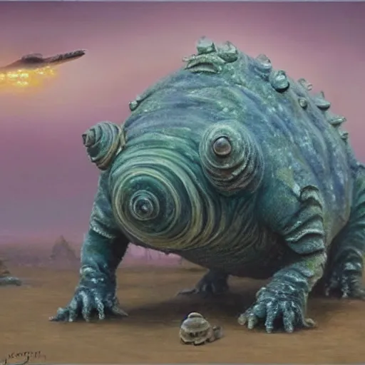 Image similar to realistic painting of a tardigrade kaiju, with 6 legs in a desert storm, by james gurney, slime, big globule eye, godzilla, vintage, concept art, oil painting, tonalism, crispy