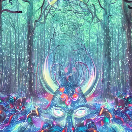 Prompt: bright forest, sparkling three eyed spirits, detailed wide shot, chromatic, ground detailed, wet eyes reflecting into eyes reflecting into infinity, beautiful lighting