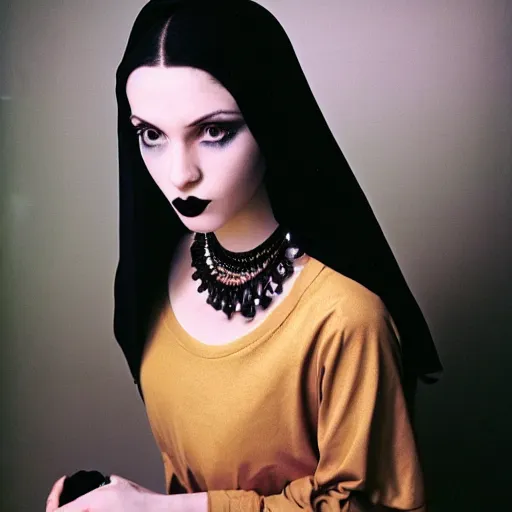 Prompt: medium shot, color slide Kodak Ektachrome E100, studio photographic portrait of a young, attractive, gorgeous, friendly, amicable, pale, porcelain looking skin, goth girl, wears a Steel Coptic Ankh Cross Religious Pendant Necklace, casual black clothes, golden hour, Nikon camera, 75mm lens, f/2.8 aperture, HD, hi-res, hi resolution, deep depth of field, sharp focus, rich deep moody colors, masterpiece image, intricate, realistic, elegant, highly detailed, Shutterstock, Curated Collections, Sony World Photography Awards, Pinterest, by Annie Leibovitz