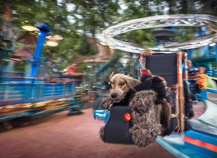 Image similar to film still of a dog riding a roller coaster in disneyland paris, 8 k