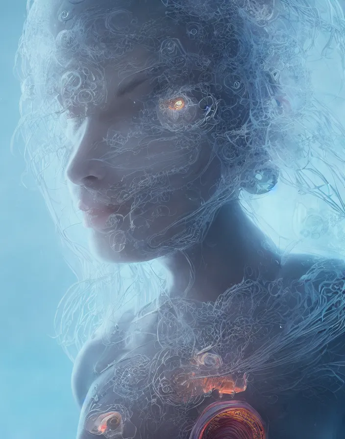 Image similar to goddess portrait. jellyfish phoenix head. intricate artwork by Tooth Wu and wlop and beeple. octane render, trending on artstation, greg rutkowski very coherent symmetrical artwork. cinematic, hyper realism, high detail, octane render, 8k