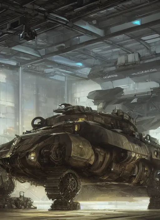 Prompt: mecha tank in a hangar, dramatic lighting, cinematic, establishing shot, extremely high detail, foto realistic, cinematic lighting, post processed, concept art, artstation, matte painting, style by eddie mendoza, raphael lacoste, alex ross