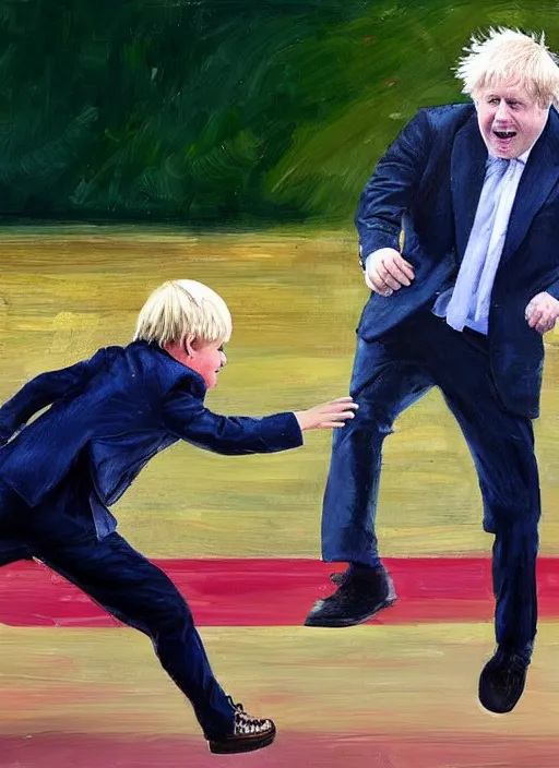 Prompt: Photorealistic painting of Boris Johnson kicking a child version of rishi sunak