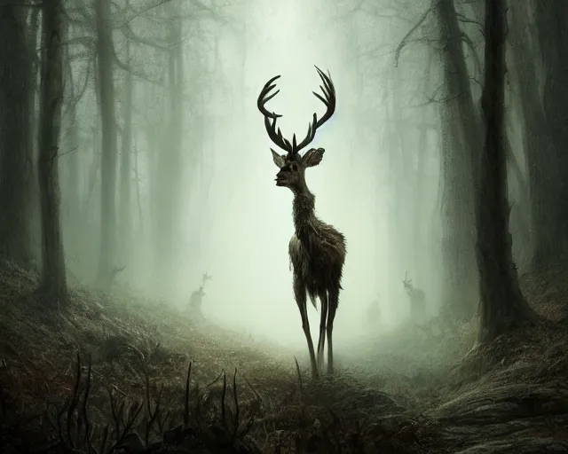 Image similar to 5 5 mm portrait photo of an armored demonic undead deer with antlers, in a magical forest looking at the camera. dark atmosphere. art by greg rutkowski and luis royo. highly detailed 8 k. intricate. lifelike. soft light. nikon d 8 5 0.