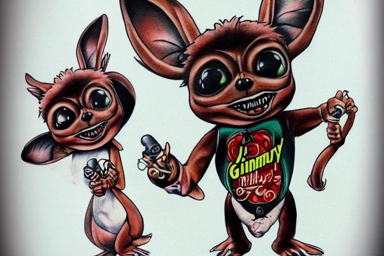 Image similar to a cute hyper realistic tattoo of gizmo from the movie gremlins wearing a wedding suit and looking happy in the style of sailor jerry. new school tattoo, tattoo, dslr