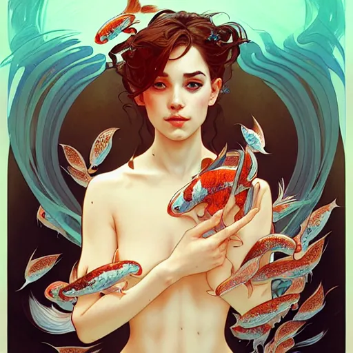 Prompt: Portrait of a girl surrounded by Koi fish, face, fantasy, intricate, elegant, highly detailed, digital painting, artstation, concept art, smooth, sharp focus, illustration, art by Fernanda Suarez and Artem Demura and alphonse mucha