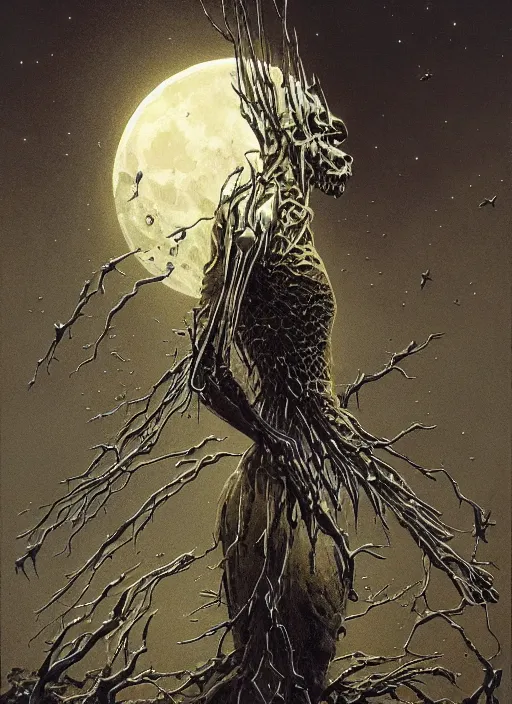 Image similar to blockchain headquater alie bishop by zdzislaw beksinski, ralph bakshi and hajime sorayama. spiky bones everywhere, the moon is big as a the night, high fashion, intricate details, by james jean, hd, 8 k, trending on artstation, uhd