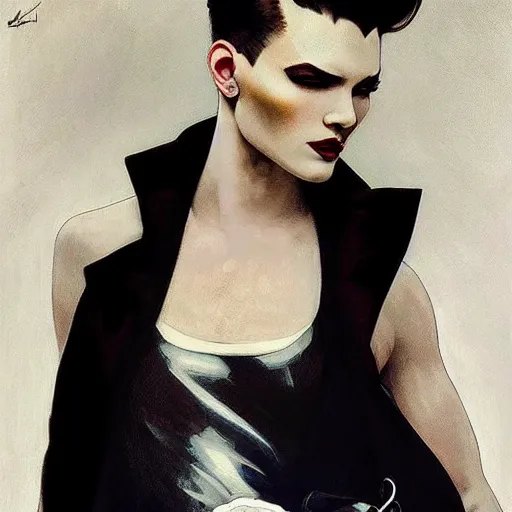 Image similar to beautiful portrait of androgynous ruby rose as desire from sandman in a white tuxedo!!!, rockabilly style, by alphonse mucha, cedric peyravernay, by jeremy mann, by frank moth, white suit and black tie, soft lightning, high detailed, 8 k