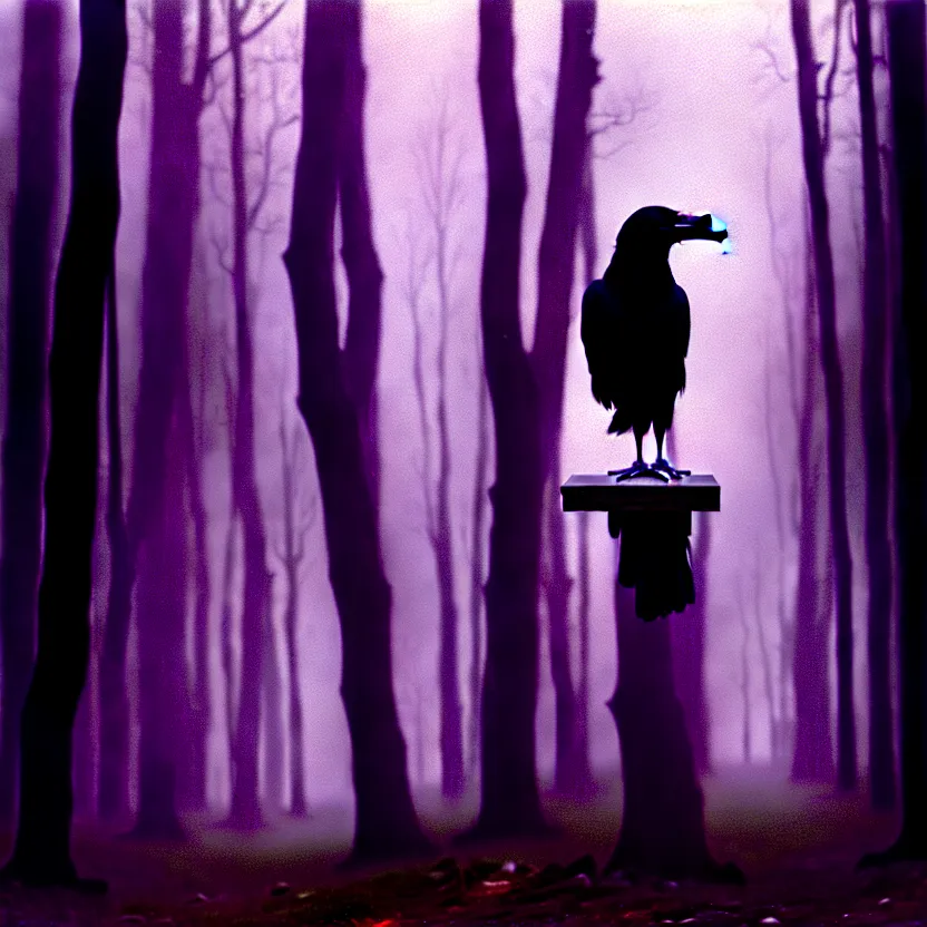 Prompt: a Raven standing on human skull on a table in a foggy forest, by Casey Baugh, Steve Caldwell, Gottfried Helnwein, and Artgerm, sharp focus, 8k resolution, masterpiece work, pristine condition film still from 1980