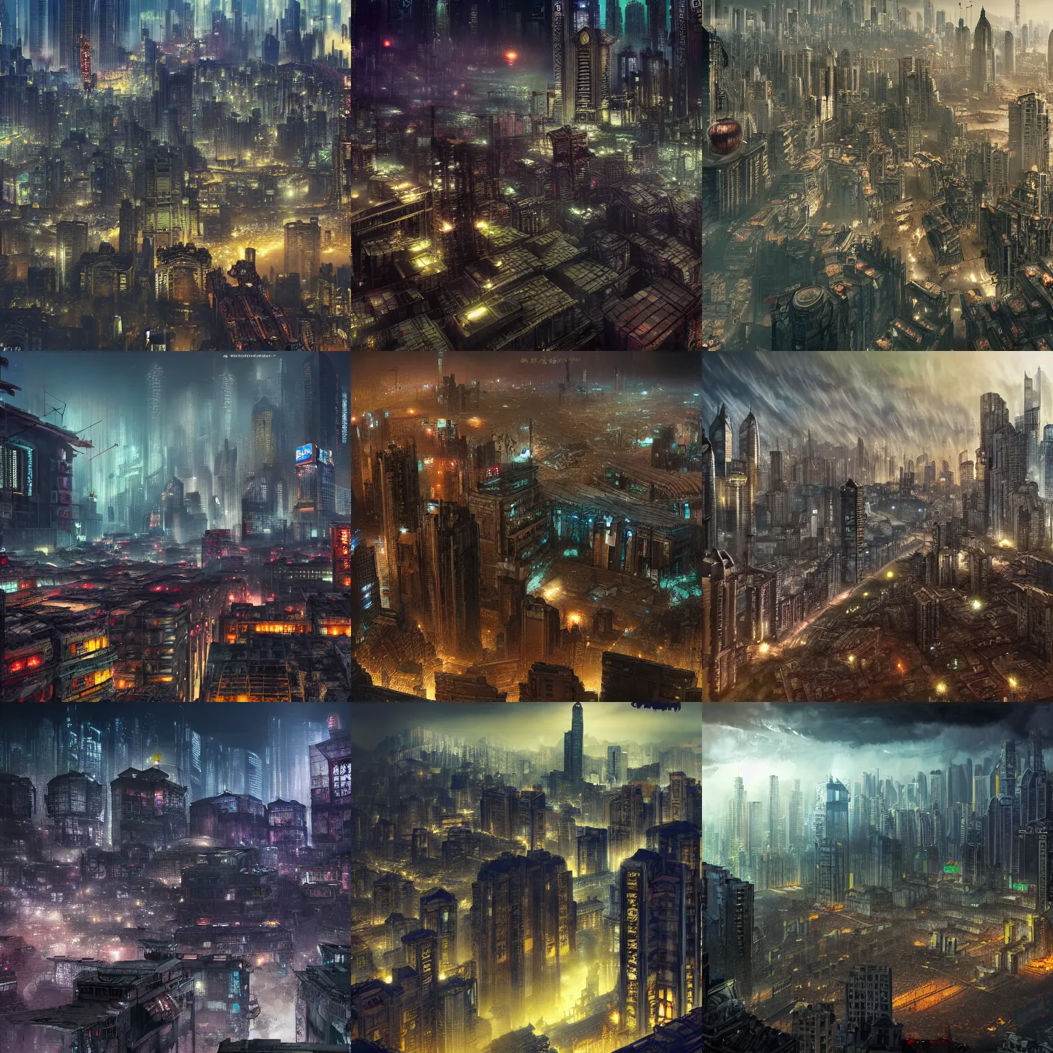 Prompt: megacity, hive city, kowloon walled city, futuristic, dystopia, night time, dramatic lighting, matte painting, in style of Fenghua Zhong