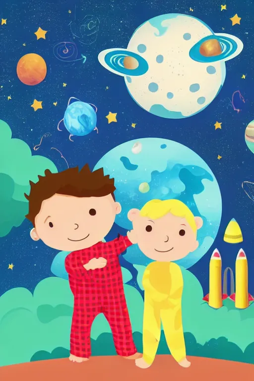 Prompt: a beautiful boy in pajamas and a bear in his right hand, next to them a ship in the form of a space rocket in the background a galaxy full of stars, a planet full of holes, magic world. children's book cover