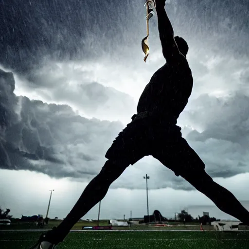 Prompt: Greek demigod wearing modern clothes wields a golden sword in the air and invokes a thunderstorm, long shot in a football field, 14mm, award-winning