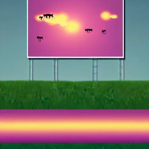 Image similar to cows being abducted by ufo in summer night from pasture. aerial view with blank billboard, minimalism, precisionist in style of patrick nagel, purple and green gamma with pink contrast