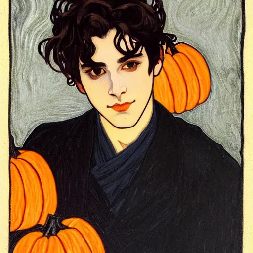 Image similar to painting of young cute handsome beautiful dark medium wavy hair man in his 2 0 s named shadow taehyung at the halloween pumpkin jack o'lantern party, depressed, melancholy, autumn, japan, elegant, clear, painting, stylized, delicate, soft facial features, delicate facial features, soft art, art by alphonse mucha, vincent van gogh, egon schiele